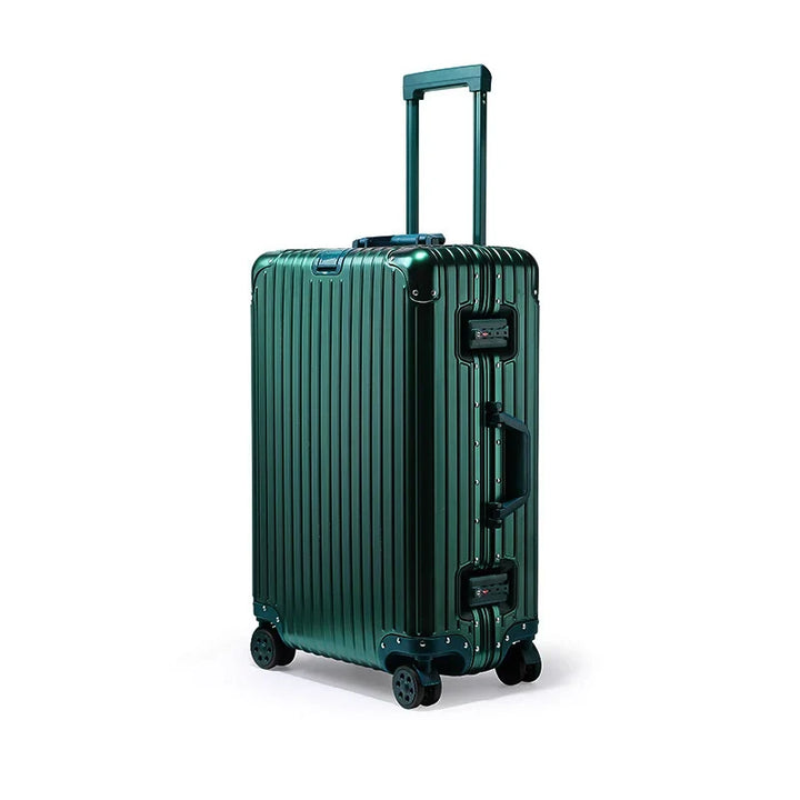 Robust aluminum luggage with spinner wheels, a TSA lock, and reinforced corners for maximum protection.