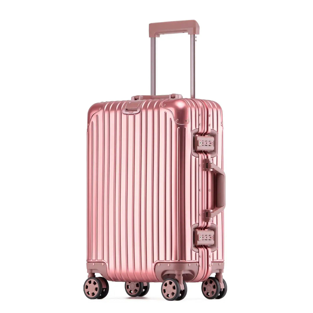 Travel in style with this unisex aluminum hard shell suitcase; a secure and durable travel companion.