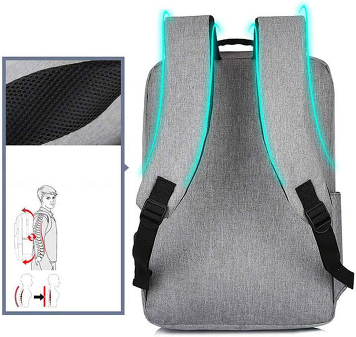 Close-up of the integrated USB charging port on a slim laptop backpack for convenient device power.