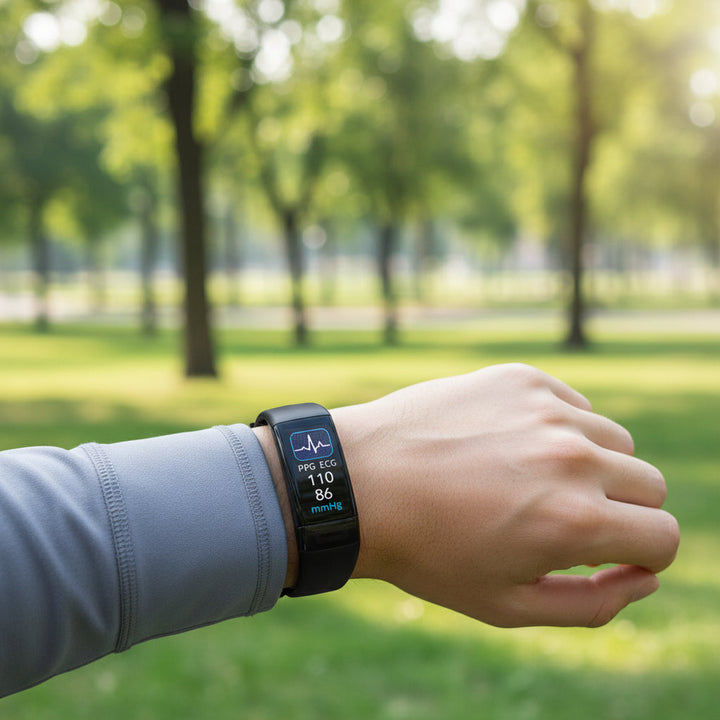 Unisex smart fitness tracker with EKG & heart rate monitor. Black silicone band, water resistant for daily health.