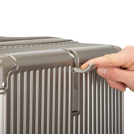Smart checked luggage, unisex hardshell, with USB port, cupholder, and TSA approved lock.