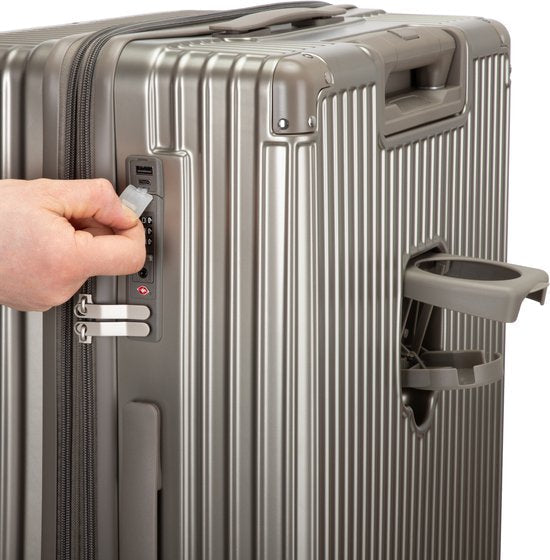 Mykonos travel suitcase, unisex, hardshell, with integrated USB charging & practical cupholder.