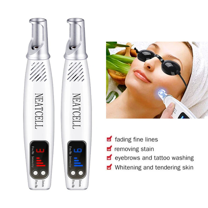 Compact home beauty device: smart laser pen for professional-grade tattoo, spot, & pigment removal.