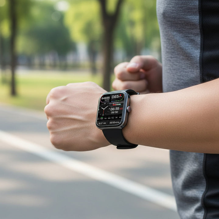 Non-invasive glucose tracker smartwatch with heart rate & sleep monitoring.