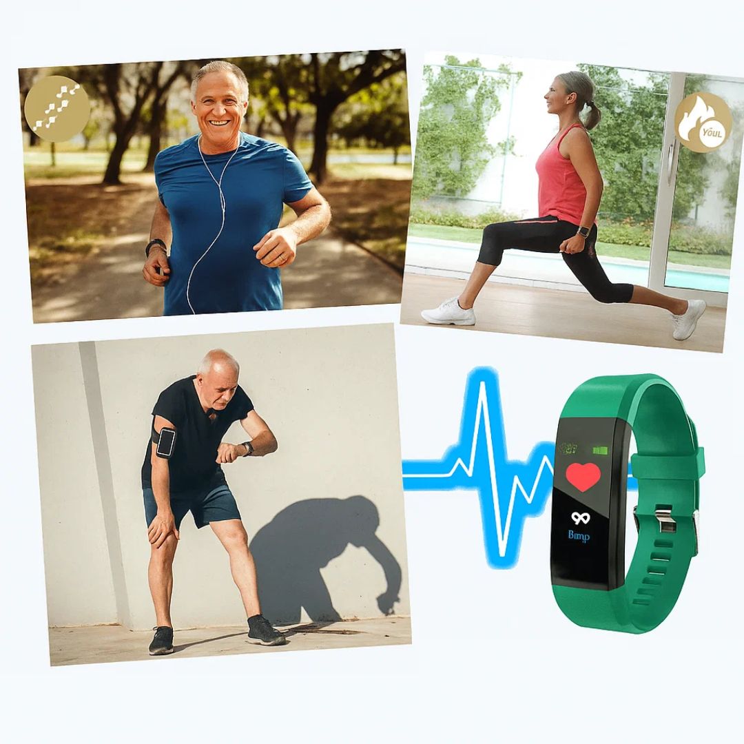 Health monitoring smartwatch for seniors: tracks heart rate, BP, blood oxygen. Promotes elderly well-being.