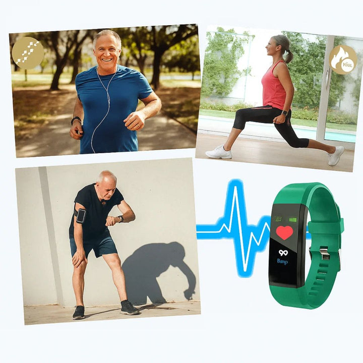 Health monitoring smartwatch for seniors: tracks heart rate, BP, blood oxygen. Promotes elderly well-being.