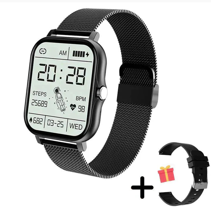 Stylish unisex smartwatch with a durable steel band. Features comprehensive fitness, health tracking & call functions.