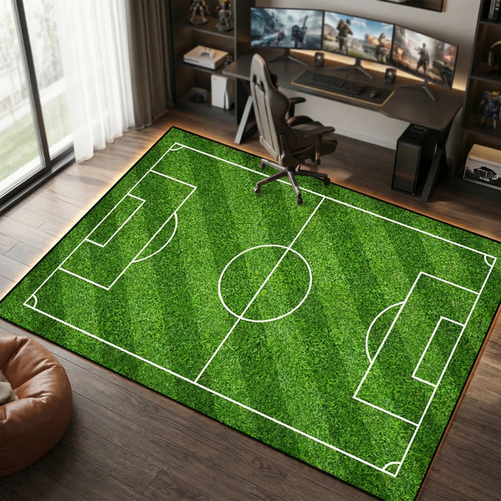 Unisex soccer field area rug with green waves for playroom decor. Washable, non-slip, perfect for kids' sports room.