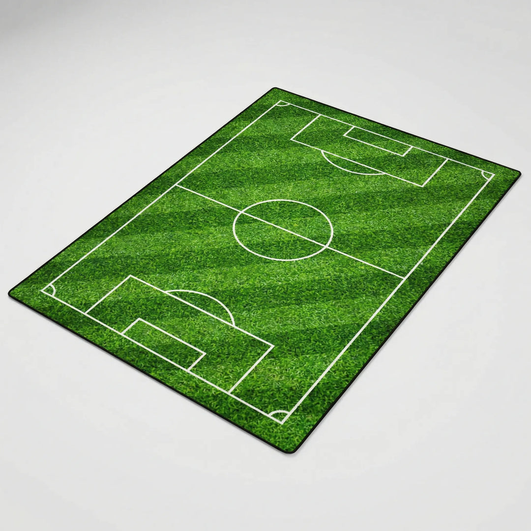Flowique soccer field statement area rug for game room or kids' bedroom. Indoor/outdoor, durable sports decor.