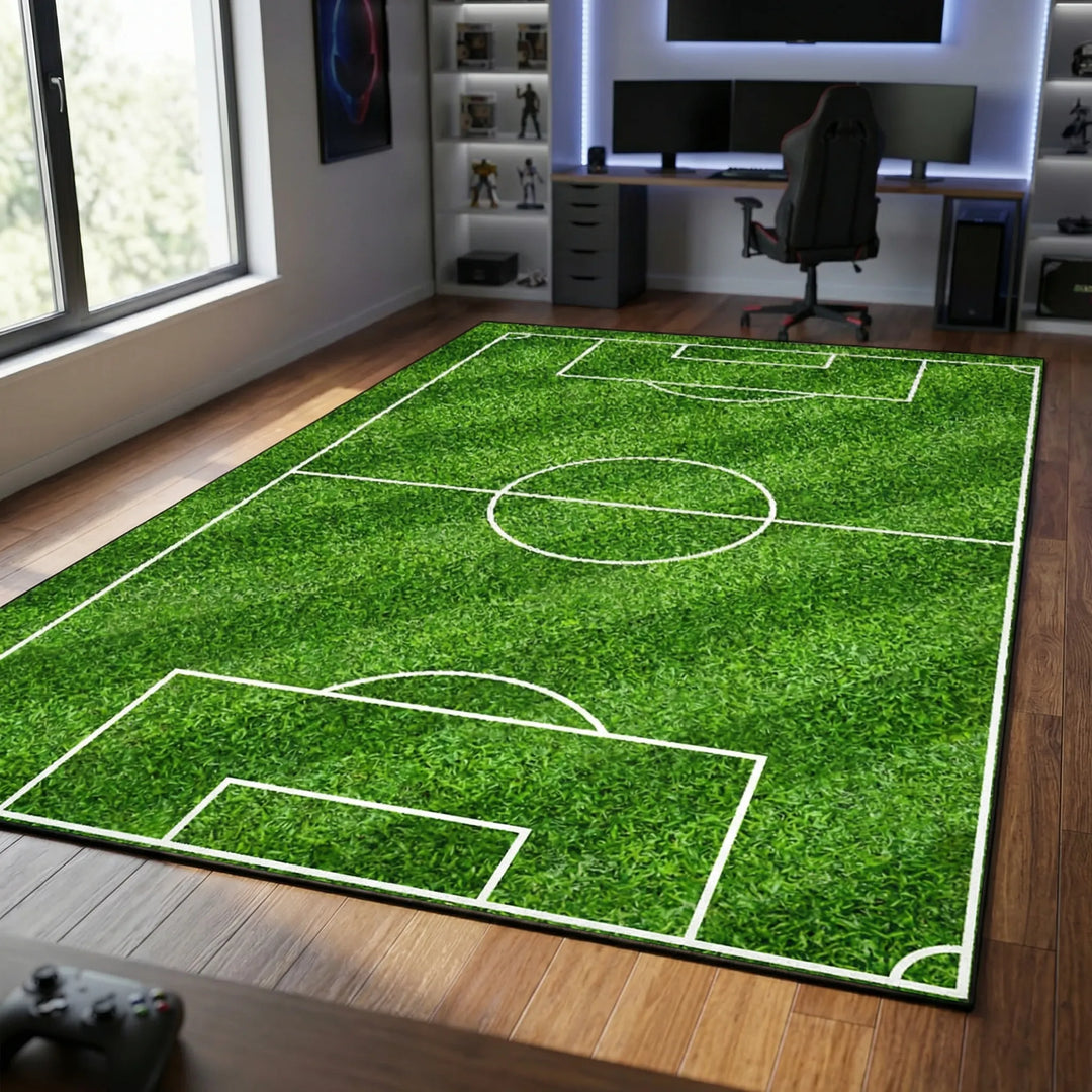 Flowique wavy soccer field area rug. Modern sports decor for playroom, game room, or kids' space. Non-slip design.