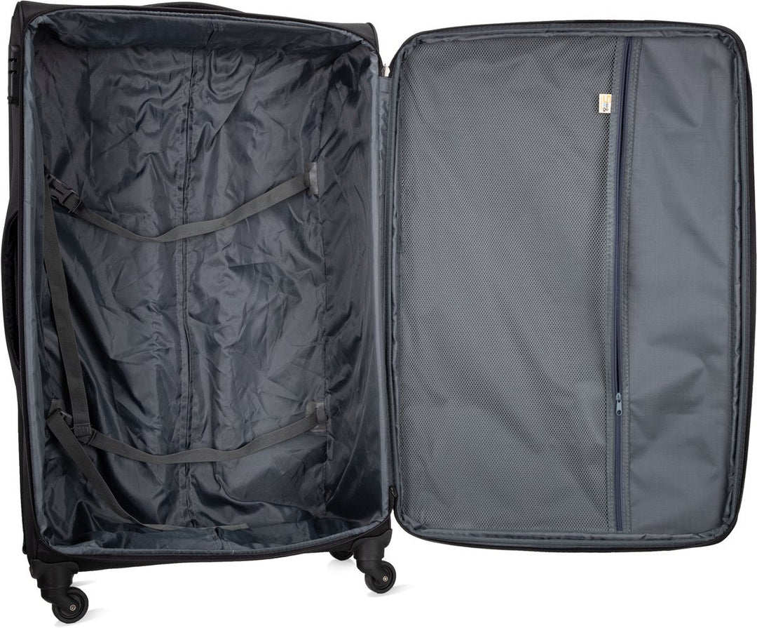 Unisex softshell carry-on with 360° spinner wheels, effortless airport navigation.