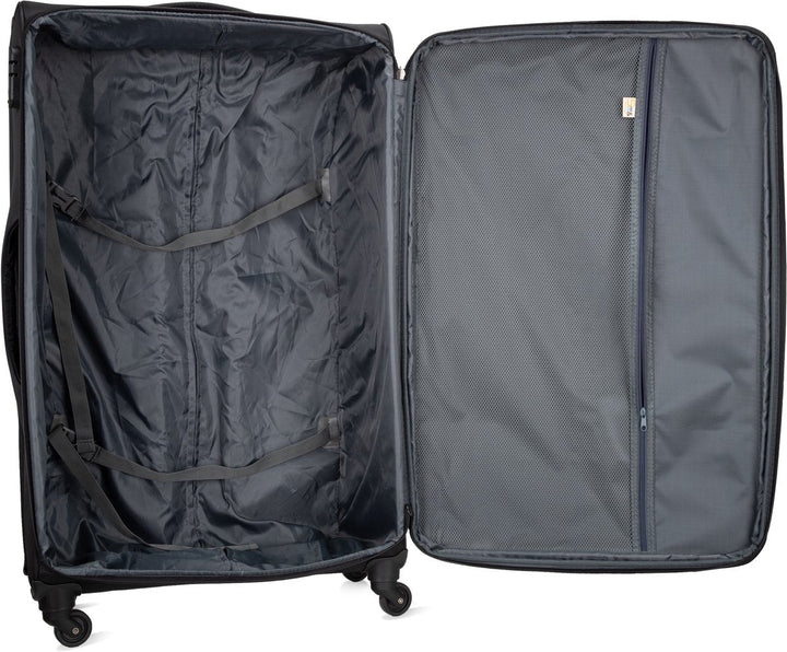Unisex softshell carry-on with 360° spinner wheels, effortless airport navigation.