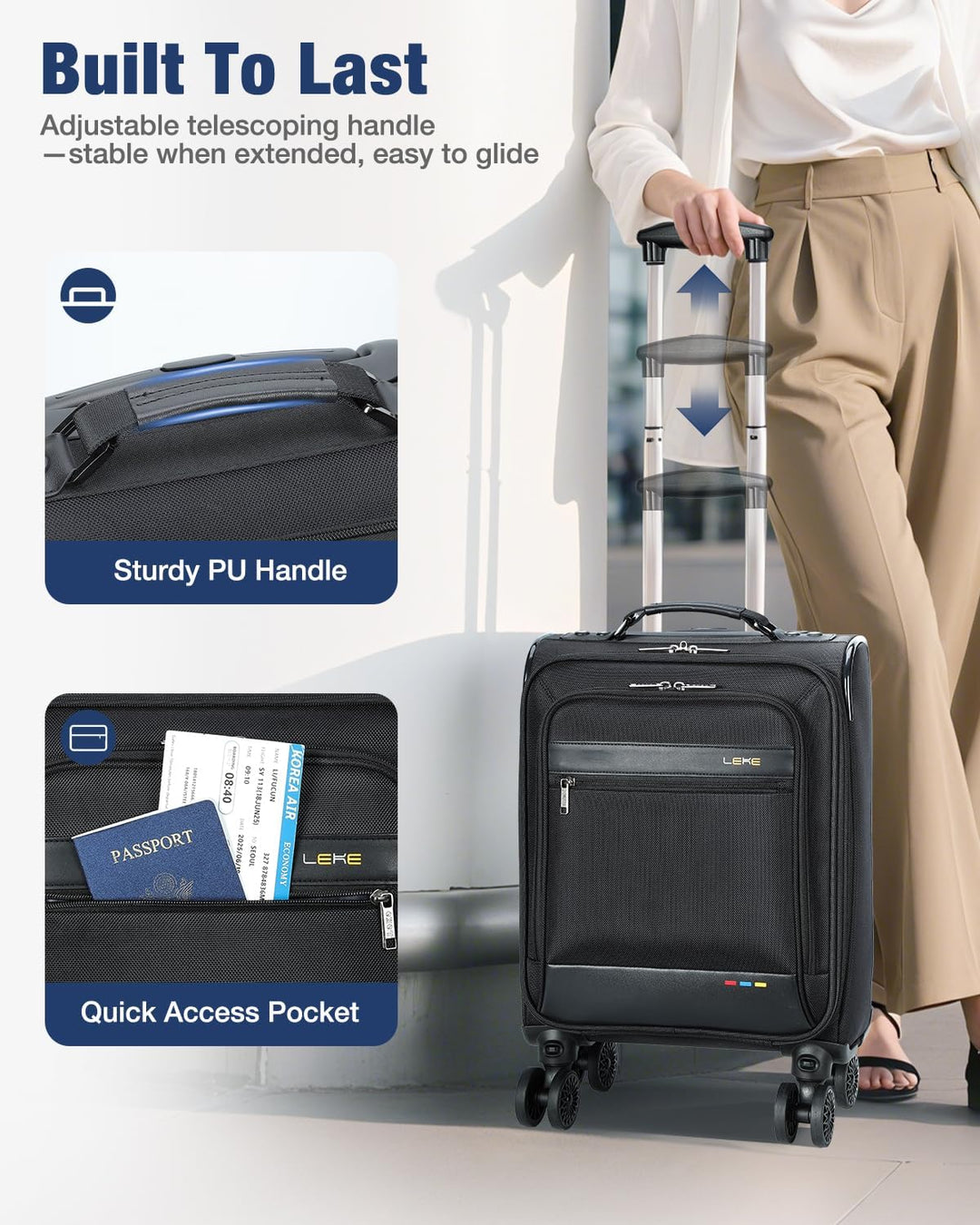 Premium softside expandable carry-on suitcase with smooth-rolling wheels; lightweight unisex travel gear.