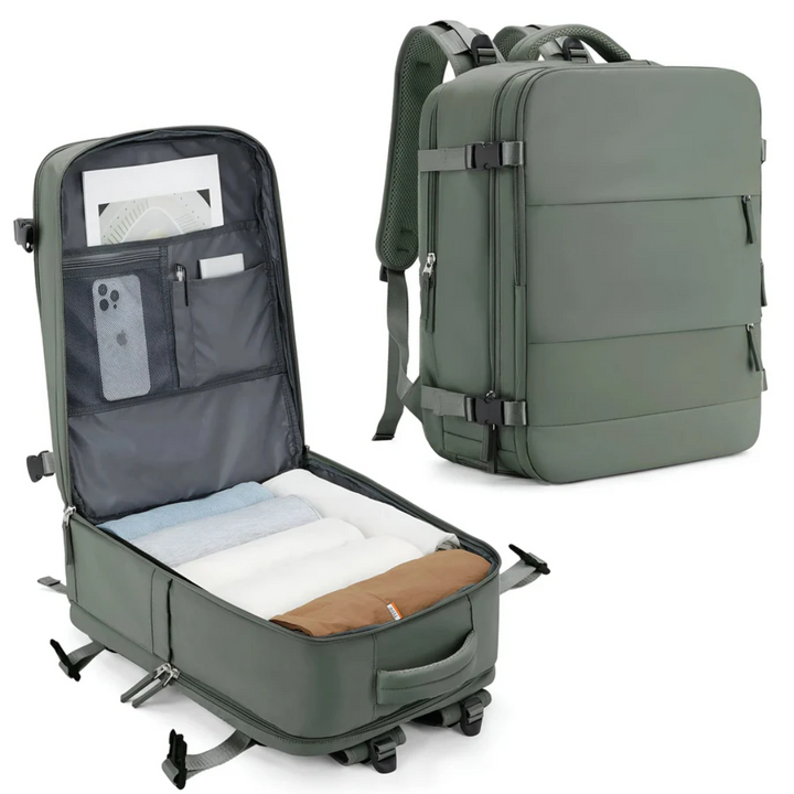 Lightweight unisex carry-on suitcase effortlessly rolling through an airport. Durable hand luggage for smooth travel.