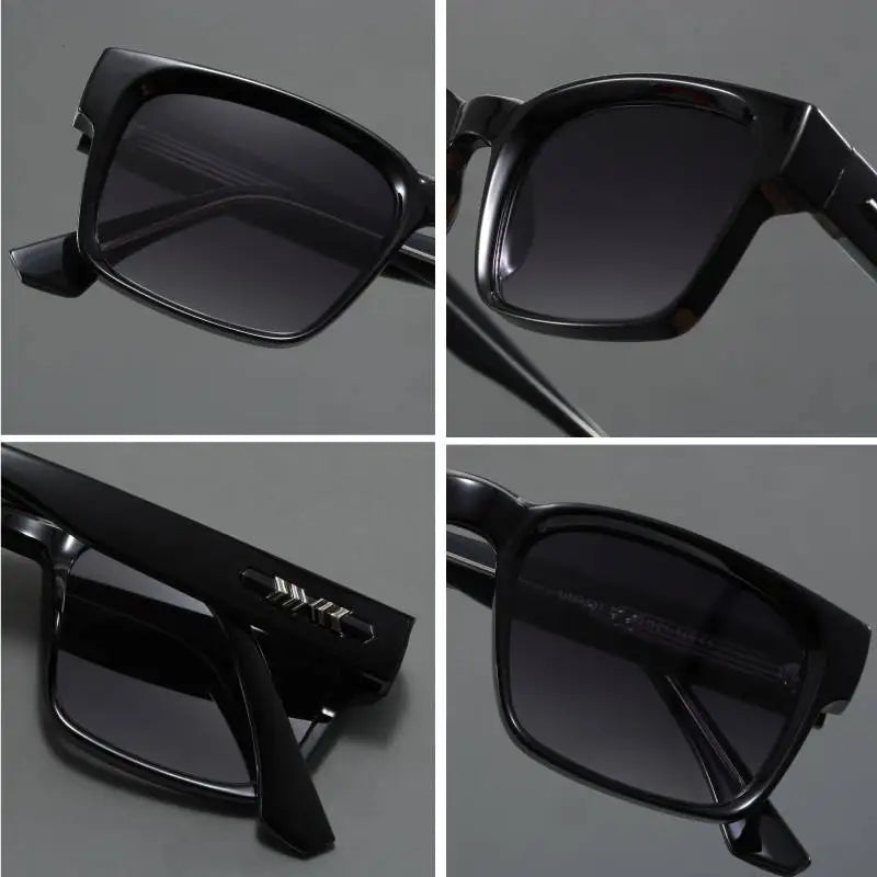 Close-up of modern square frame sunglasses, featuring durable construction and UV400 sun protection.