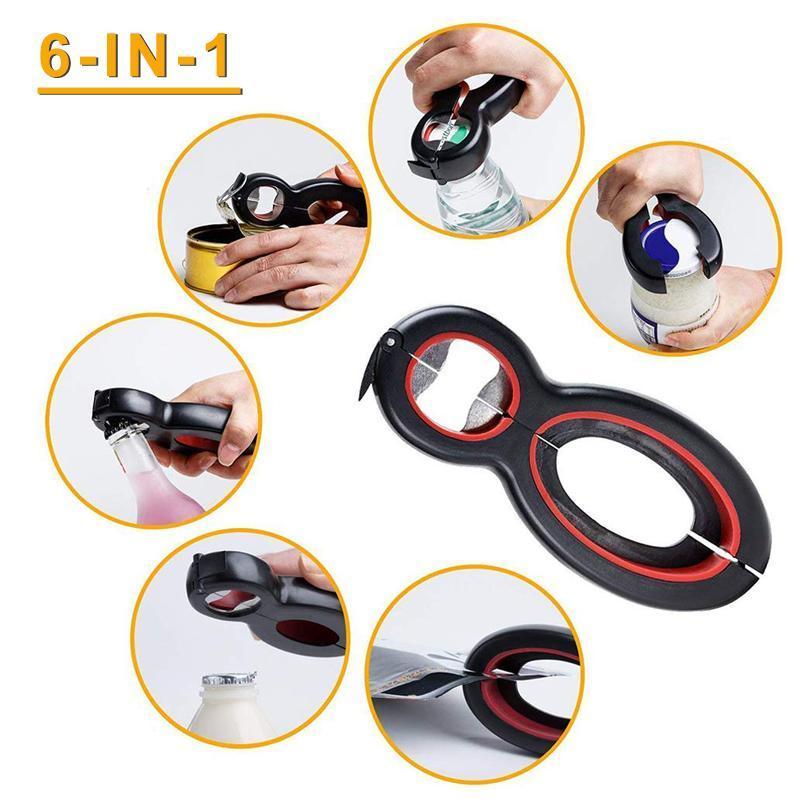 Durable stainless steel bottle and jar opener, a convenient 6-in-1 kitchen multitool
