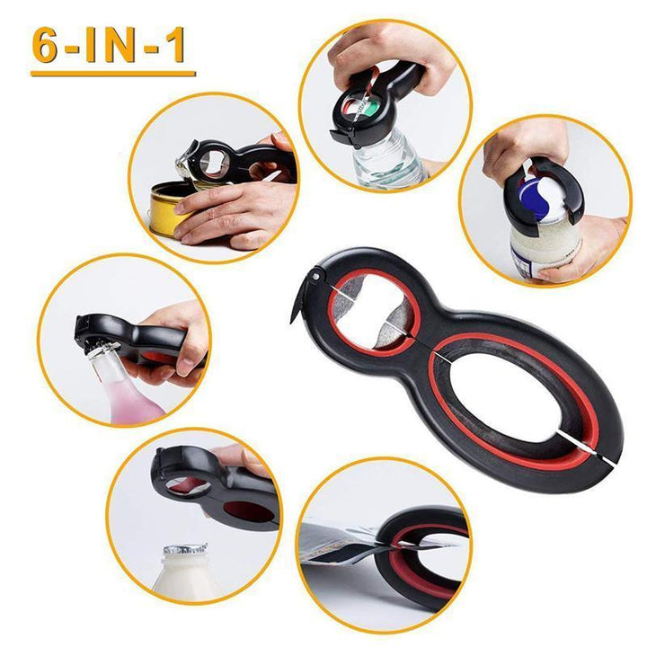 Durable stainless steel bottle and jar opener, a convenient 6-in-1 kitchen multitool