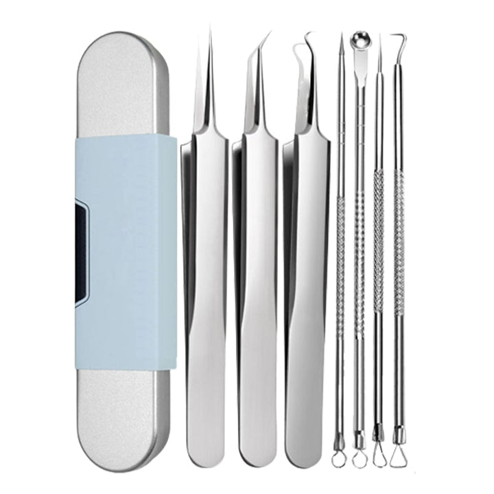 Display of the stainless steel blackhead & pimple remover kit, essential for healthy, clean skin