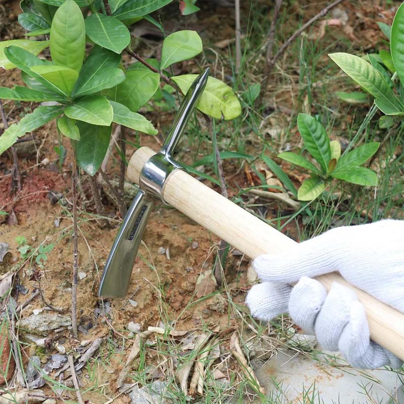 Unisex stainless steel double-headed pickaxe mattock with natural wood handle, ideal for gardening & camping