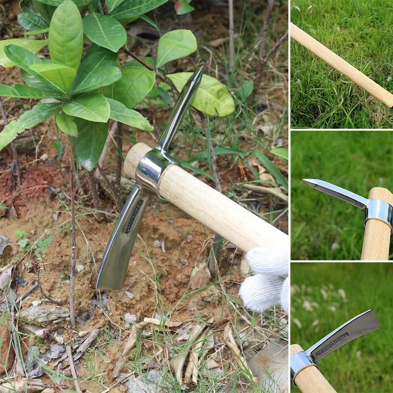 A person's hands gripping the wooden handle of the stainless steel mattock, showing comfortable usage.