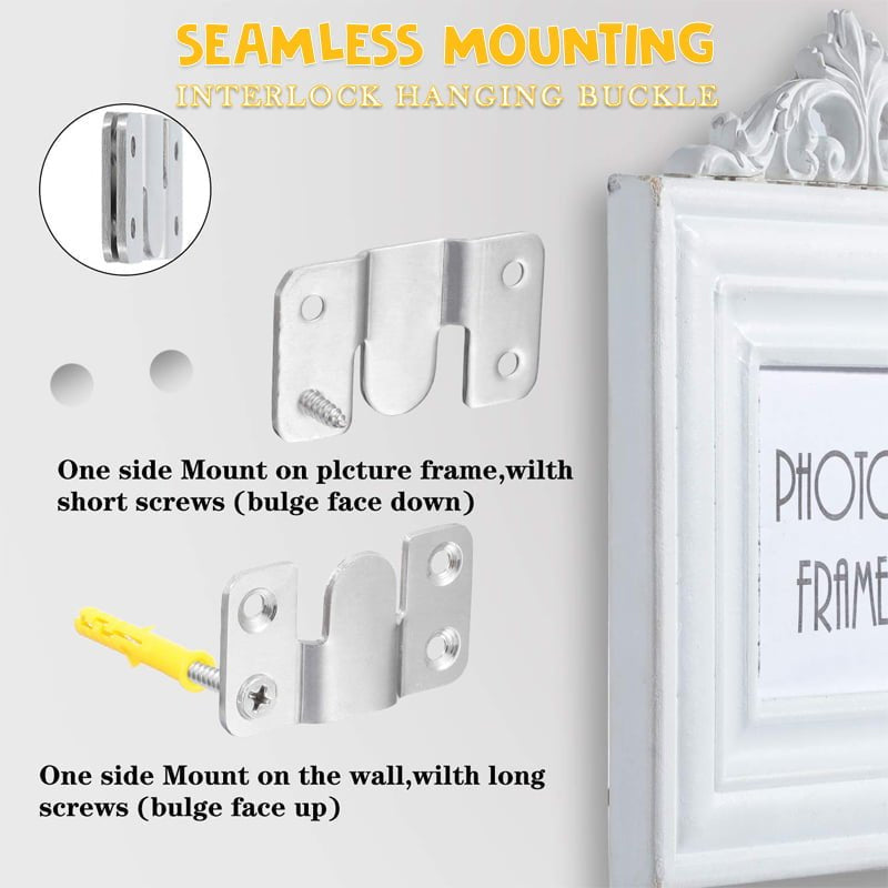 Flush mount picture hanging solution: stainless steel interlock buckle bracket, strong and discreet