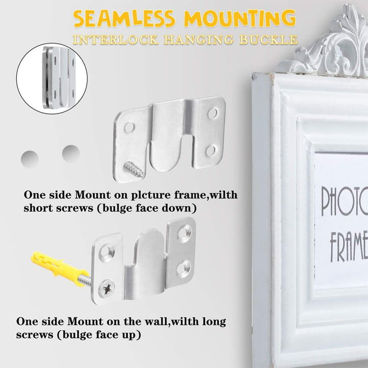 Flush mount picture hanging solution: stainless steel interlock buckle bracket, strong and discreet