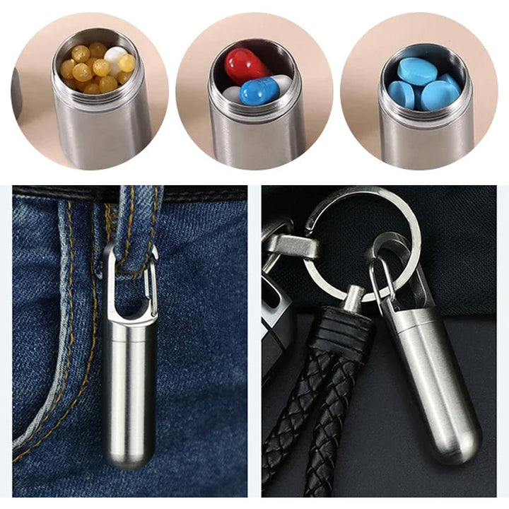 Waterproof stainless steel pill box with a secure screw-top lid, perfect for daily essentials