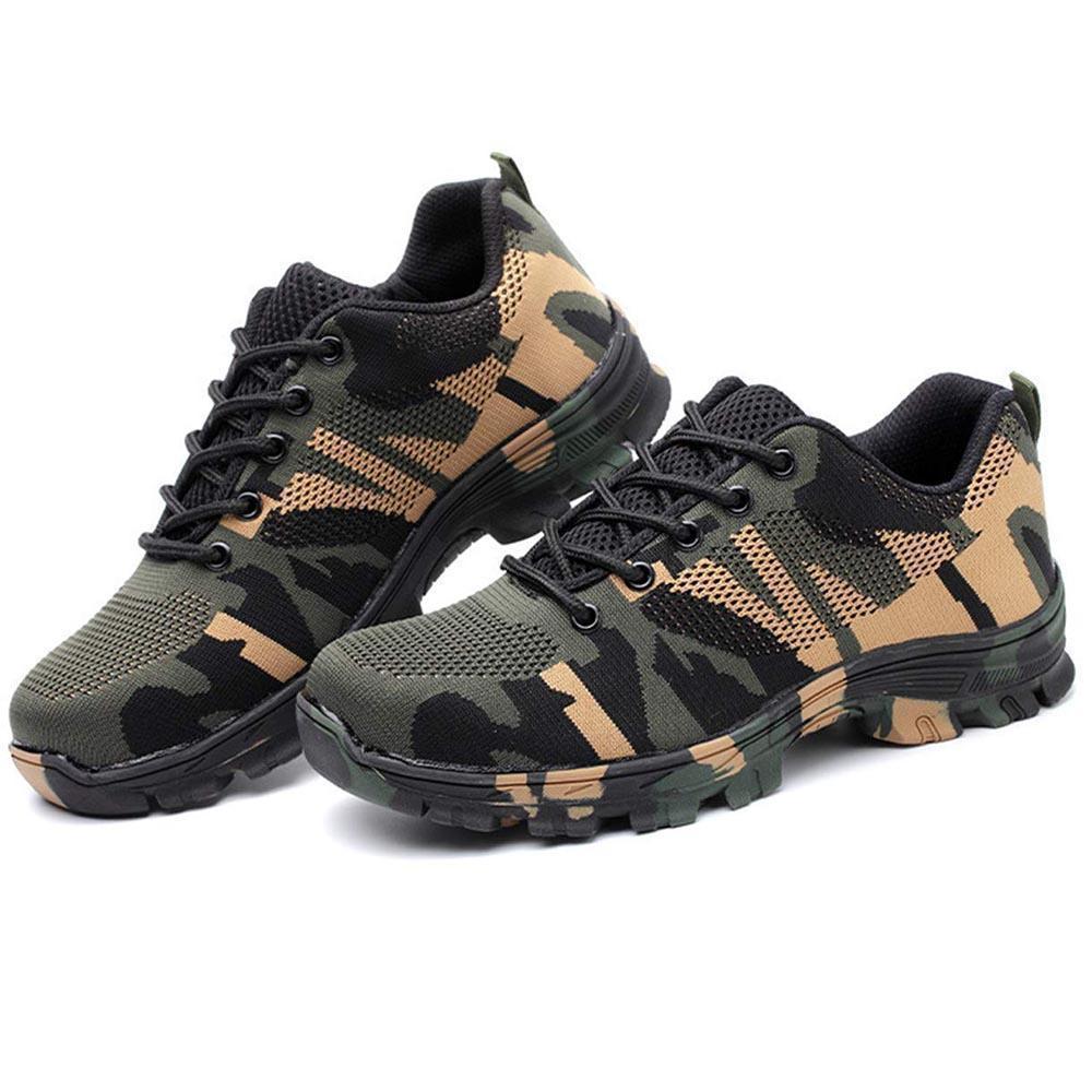 Top-down view of unisex steel toe work shoes, highlighting robust construction & protective features