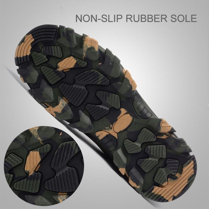 Detailed shot of rugged outsole on unisex steel toe work boots, anti-slip for safety