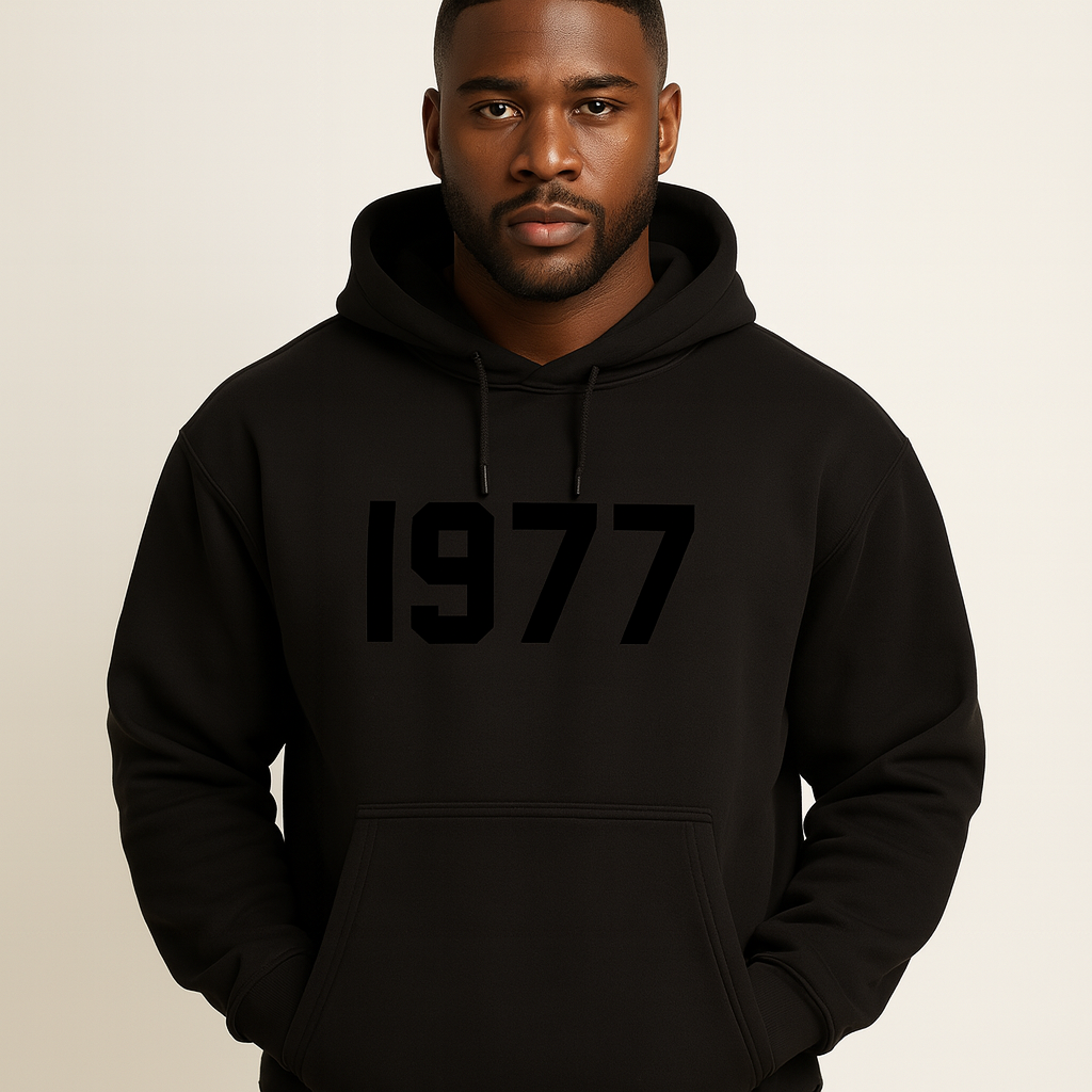 Relaxed fit unisex hoodie, perfect for casual wear, showcasing a 1977 graphic.