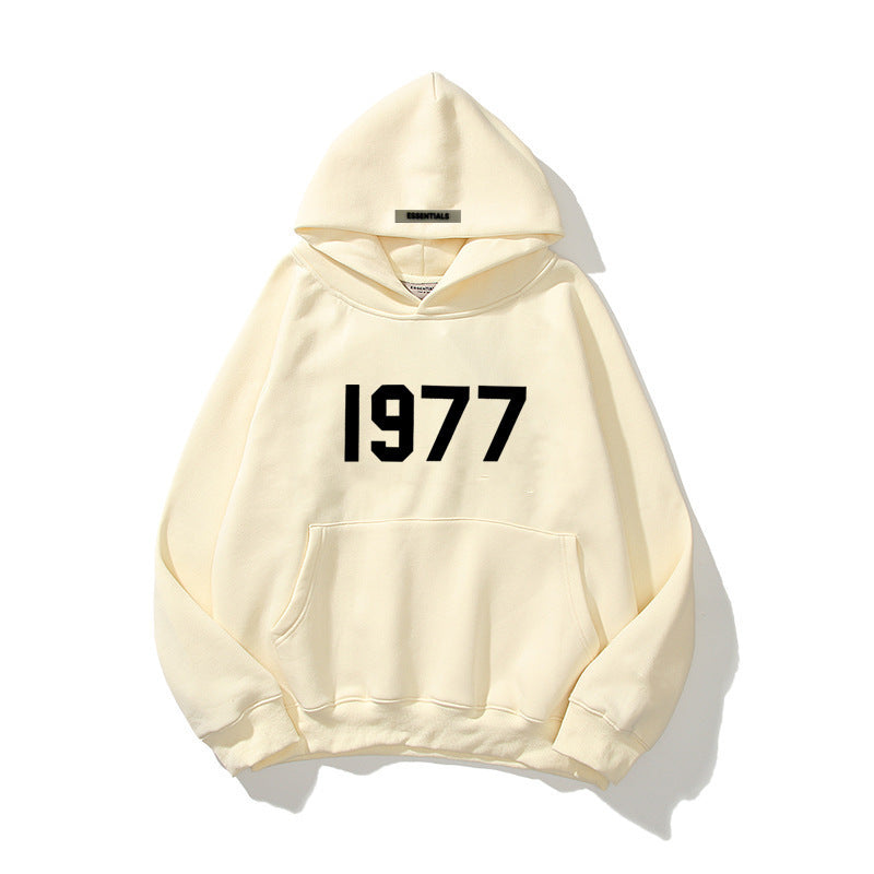 Casual wear unisex hoodie, pul-over style, with a bold 1977 graphic.