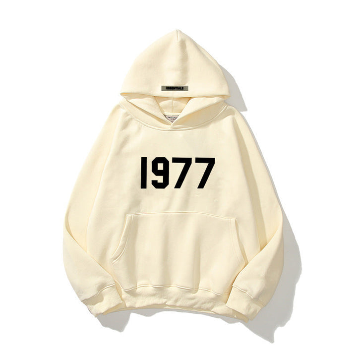 Casual wear unisex hoodie, pul-over style, with a bold 1977 graphic.