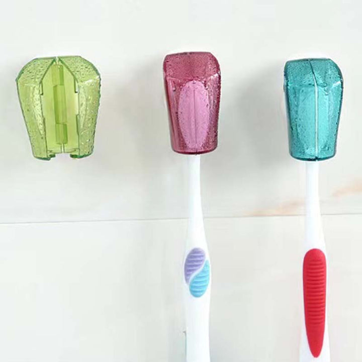 Multiple colorful suction cup toothbrush covers organized on a bathroom mirror for easy access, 125 characters