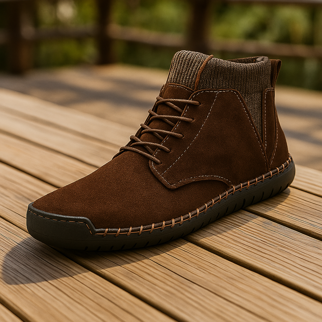 Close-up of durable unisex lace-up boots with warm knit collar and suede texture