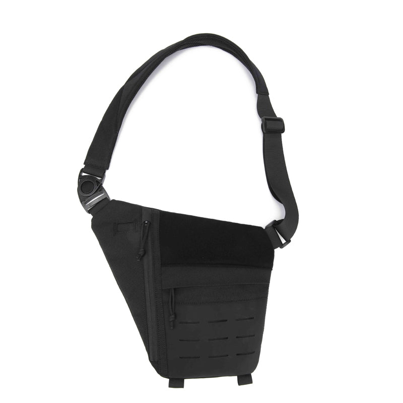 Lifestyle image of a person hiking with a tactical cross-body bag, showcasing its utility