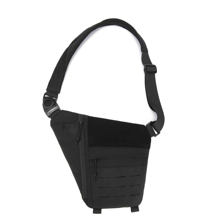 Lifestyle image of a person hiking with a tactical cross-body bag, showcasing its utility