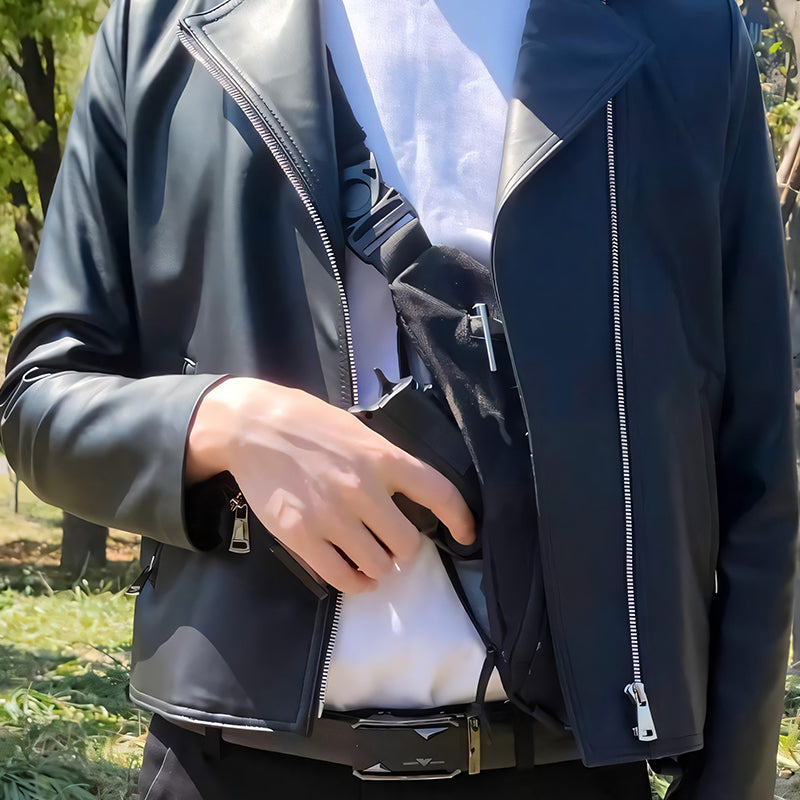 Close-up of anti-theft features on a camouflage tactical sling bag, durable nylon material