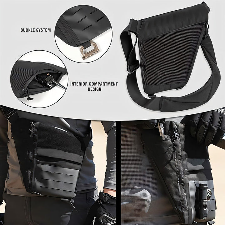 Unisex black tactical cross-body bag worn by a person, showing comfortable fit and easy access