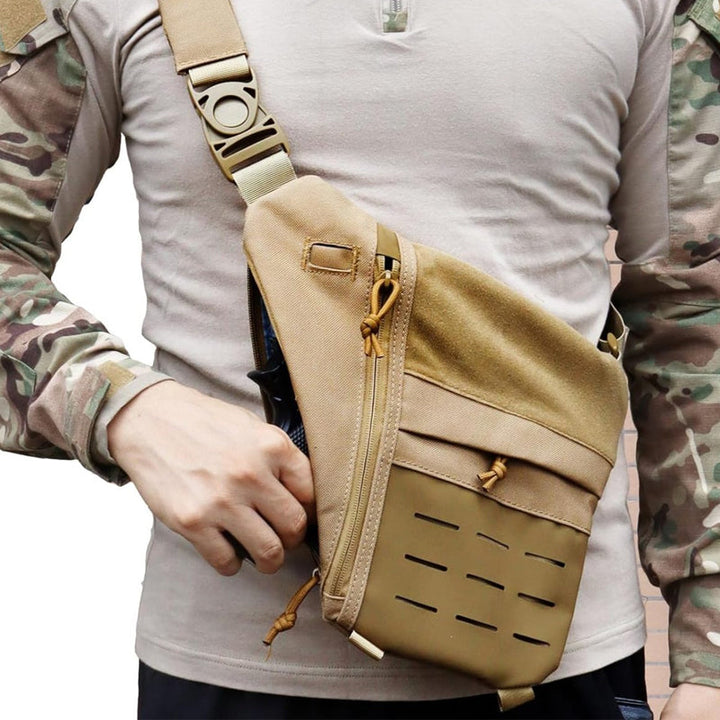 Detail shot of zippers and compartments on a tactical sling bag, suitable for outdoor adventures
