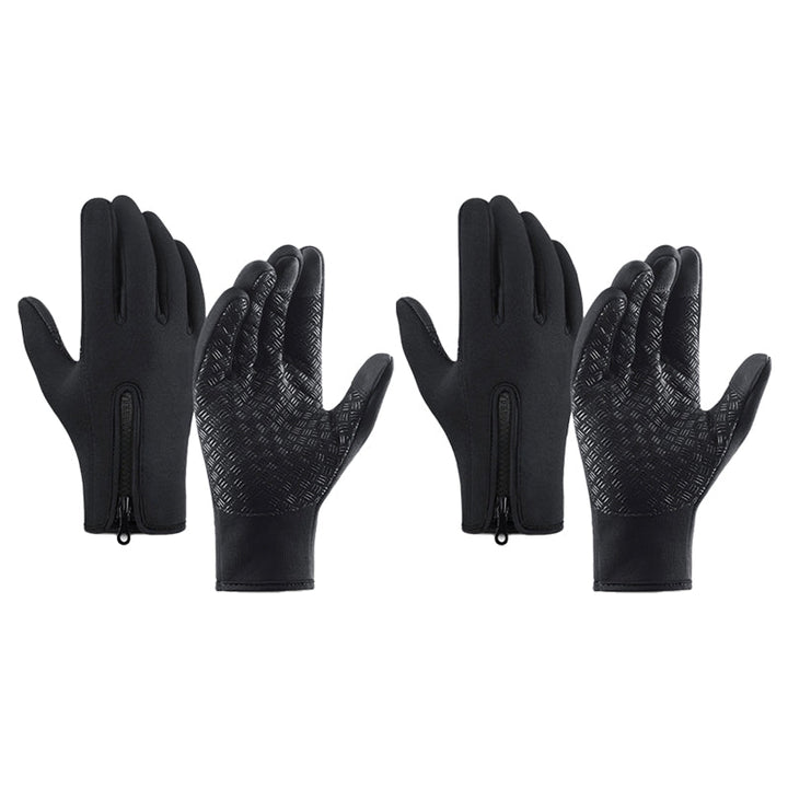 Unisex thermal touchscreen winter gloves draped over a ski pole, ready for a day on the slopes