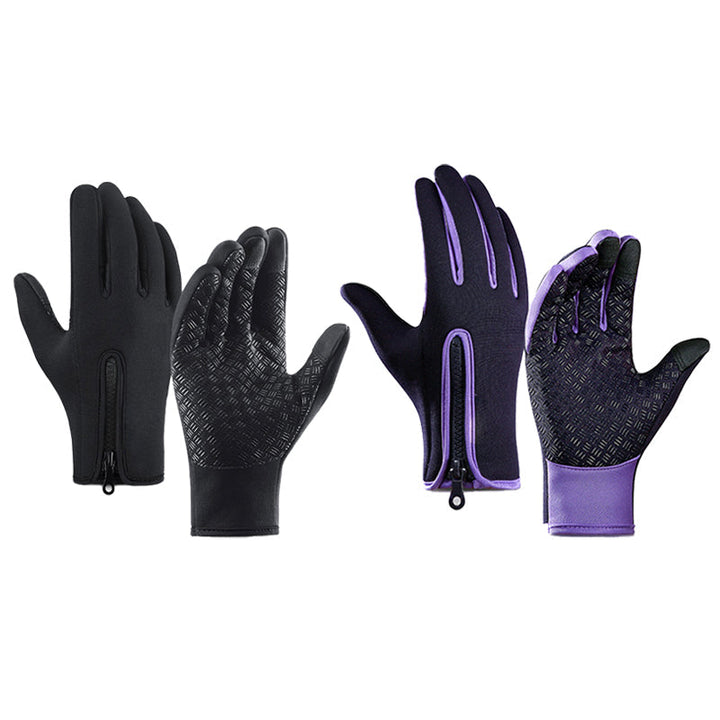 Unisex thermal gloves shown with other winter sports accessories, like a hat and scarf