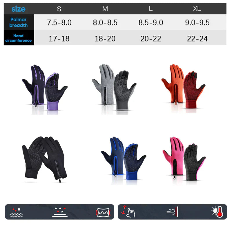 Unisex thermal gloves with touchscreen-compatible fingertips, shown against a snowy background