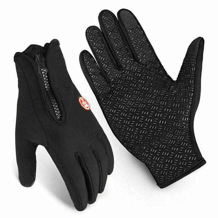 Black unisex touch screen gloves, windproof and water resistant for winter outdoor activities.