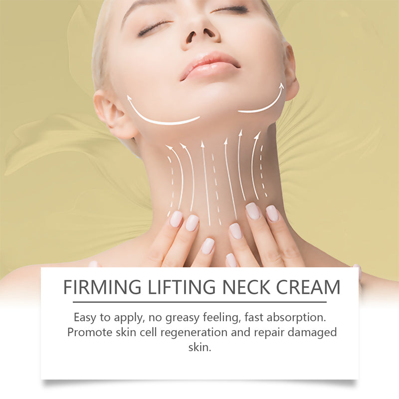 Unisex model applying neck cream to targeted neck area, demonstrating firming & lifting use, anti-aging