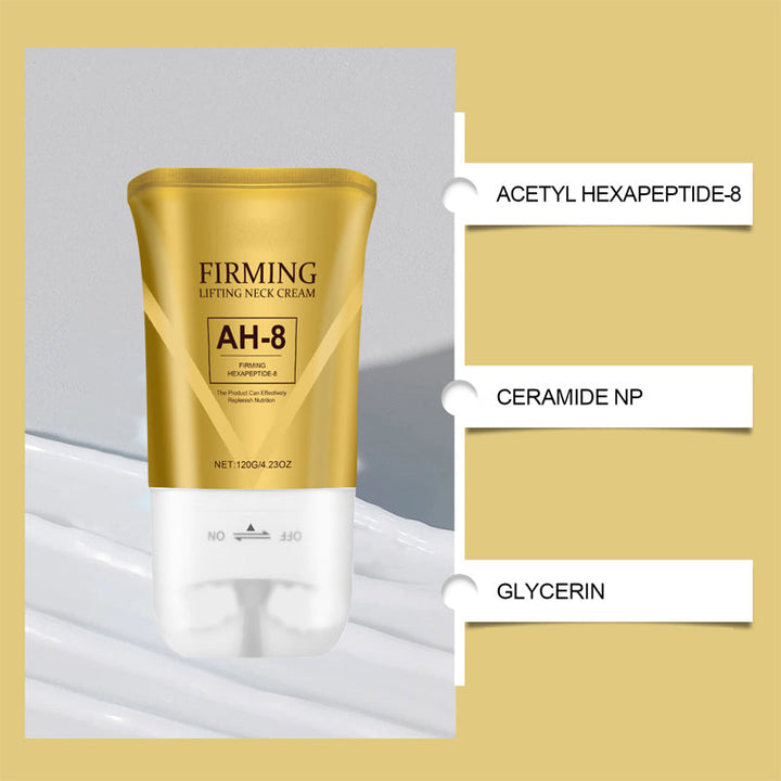 Packaging of anti-aging neck cream, emphasizing 'Unisex Tightening & Lifting', for crepey skin