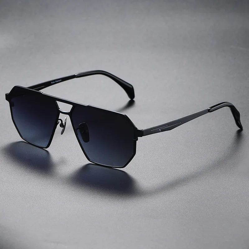 Front view of unisex titanium sunglasses, polarized lenses, sleek modern design for everyday wear