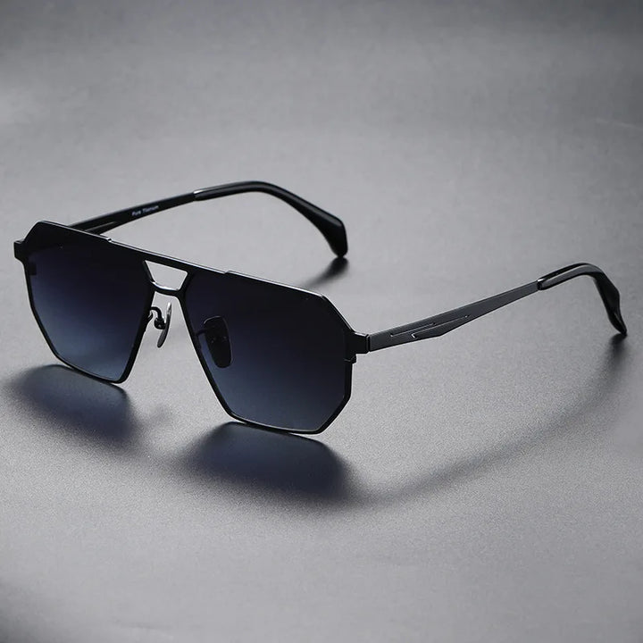 Front view of unisex titanium sunglasses, polarized lenses, sleek modern design for everyday wear