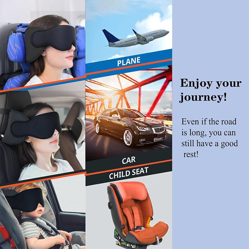 Neck support pillow and black eye mask for travel, designed for restful sleep in cars or flights