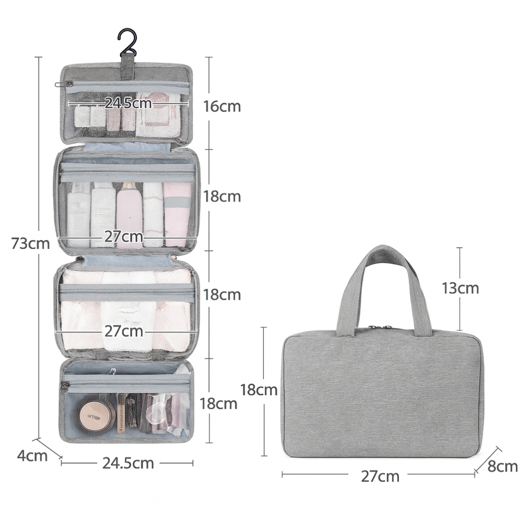 Hanging travel toiletries bag for men & women, multi-compartment for organized bathroom storage & travel essentials.