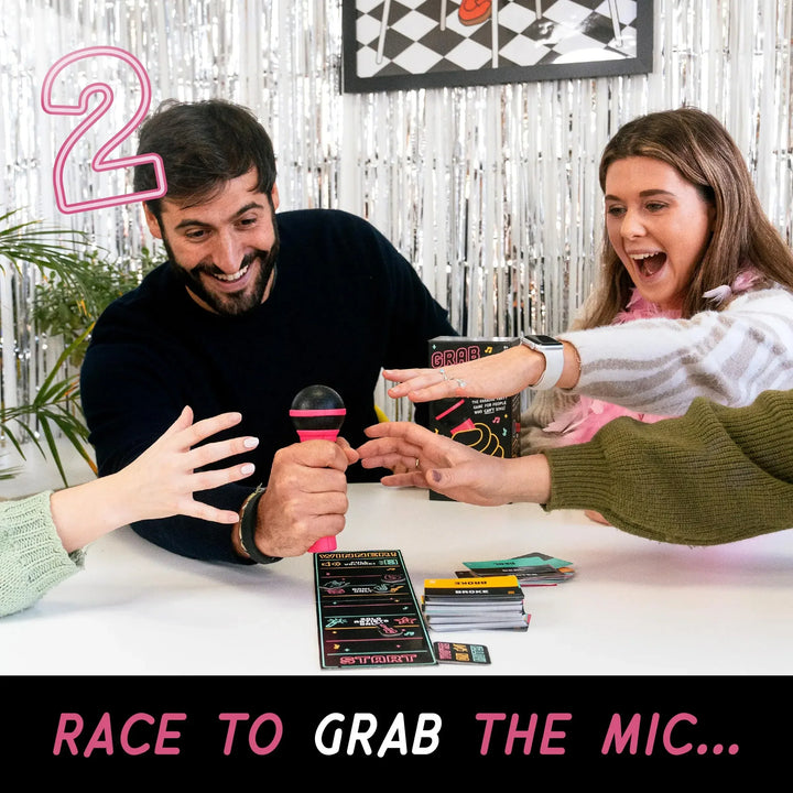 Family enjoying TuneToss Party Karaoke Challenge, a unisex singing board game. Perfect for group entertainment.
